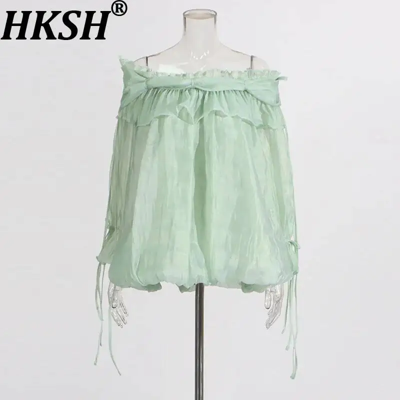 

HKSH Women Blouse French Style Elegant High-end Off The Shoulder Fungus Long Sleeves Lace-Up Fashion Trendy Design Shirt HK24593