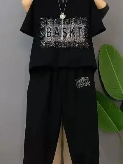 plus Size Women's Casual Short Sleeve Two-Piece Set Slimming Harlan Pants Glittering Fashionable Summer Outfit Cover up