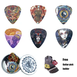 12 pcs/lot Unique Artistic 0.71mm Medium Guitar Picks Celluloid Mediators with Tin box Plectrum Guitar Accessories Guitar Holder