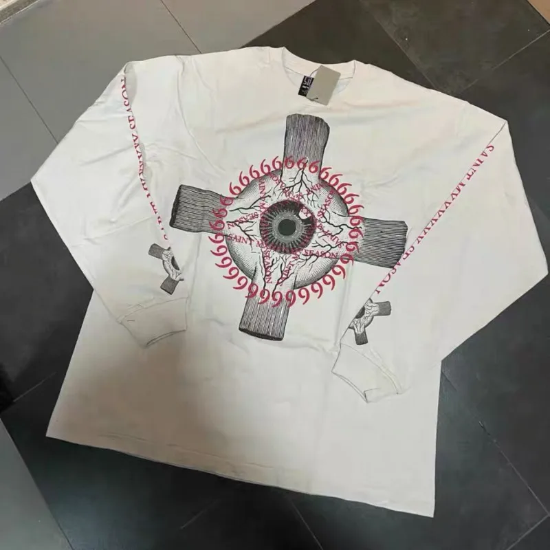 Cross Ring Red Letter 666 Print Saint Long Sleeve Tshirts Vintage Round Neck Pullover White Loose Streetwear Men Women Tops