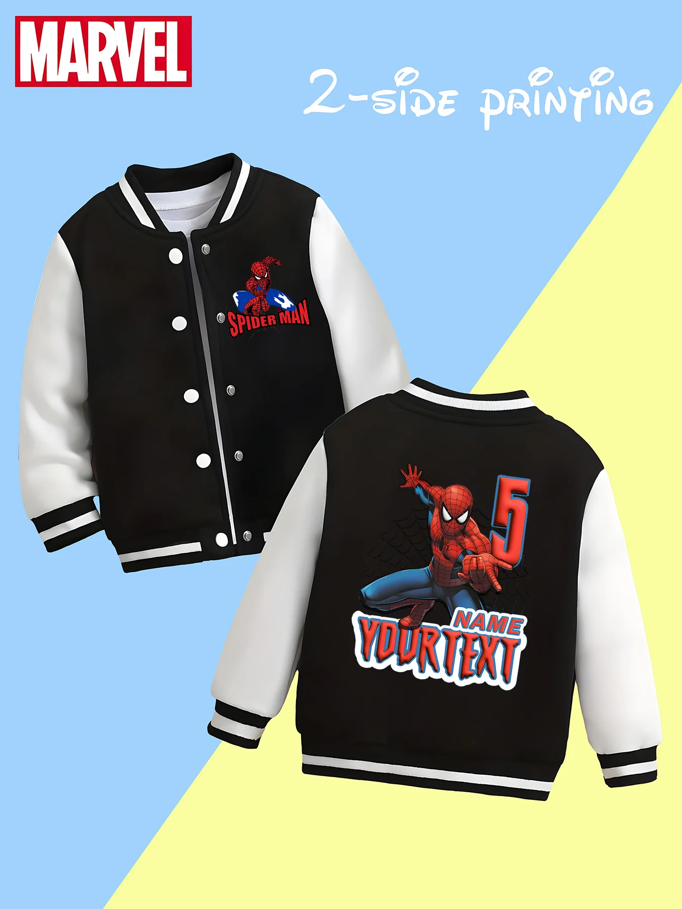 

MINISO Marvel boys' baseball jacket - Spider-Man digital interactive print, customizable text on both sides, perfect for school,