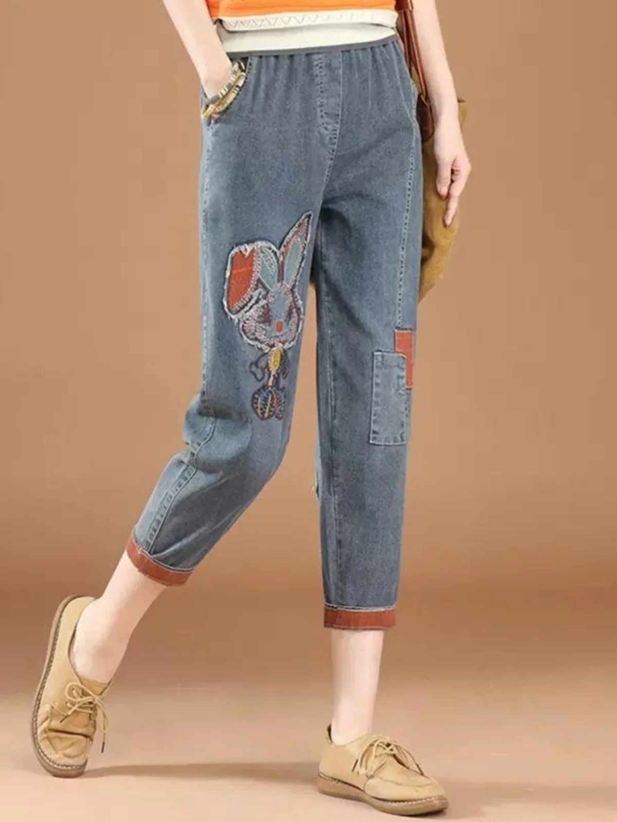 

Summer Thin Cotton Elastic Waist Embroidered Casual Harlan Seven-Foot Women's Jeans Blue Color High Waist hine Waed