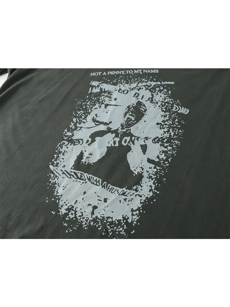 Women Dark Grey Graffiti Print T-shirt Harajuku Y2k Tee Top 90s Vintage Oversize Off Shoulder Long Sleeve T-shirt 2000s Clothes