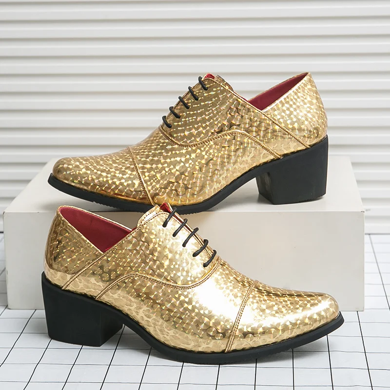 

Luxury Shoes High Quality Fashion Golden Glitter Leather Shoes Men Height-increasing Men High Heel Shoes Big Size 46 Dress Shoes