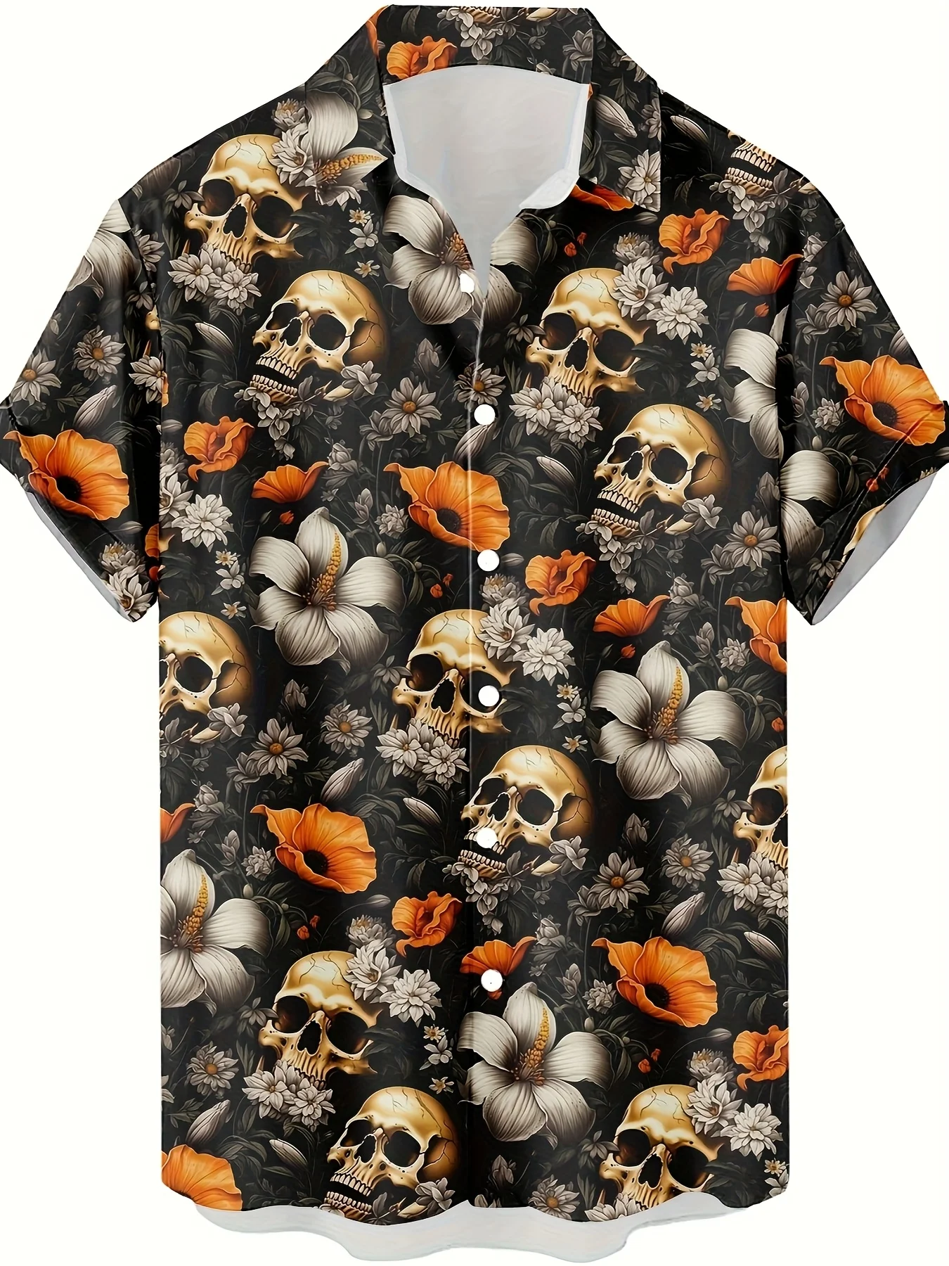 Chemise Hawaïenne Gothique Noire pour Homme à Manches Courtes, Imprimé Floral Vintage Tête de Mort, Coquelicot et Marguerite, Style Art Sombre, Chemises de Fête Aloha
