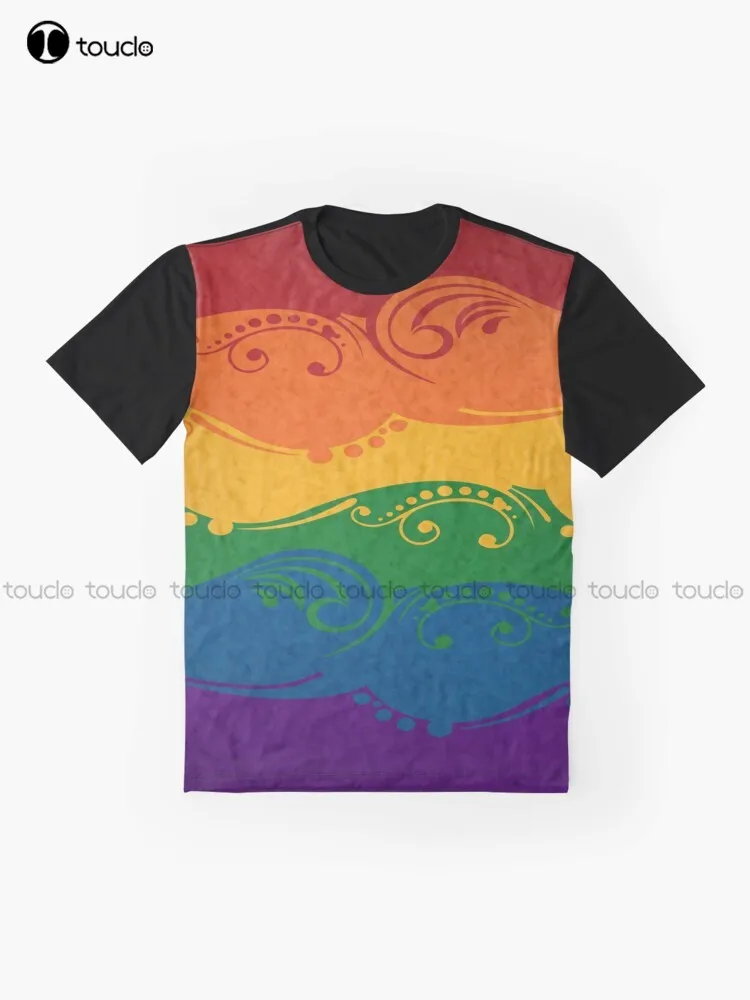 Fancy Swooped And Swirled Lgbtq Pride Rainbow Flag Background Graphic T-Shirt Funny Art Streetwear Cartoon Tee Christmas Gift