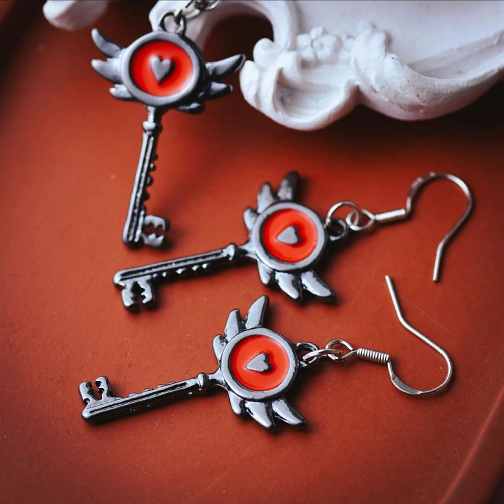 Hazbin Inspired Heart Key Pendant Necklace & Earring Set
