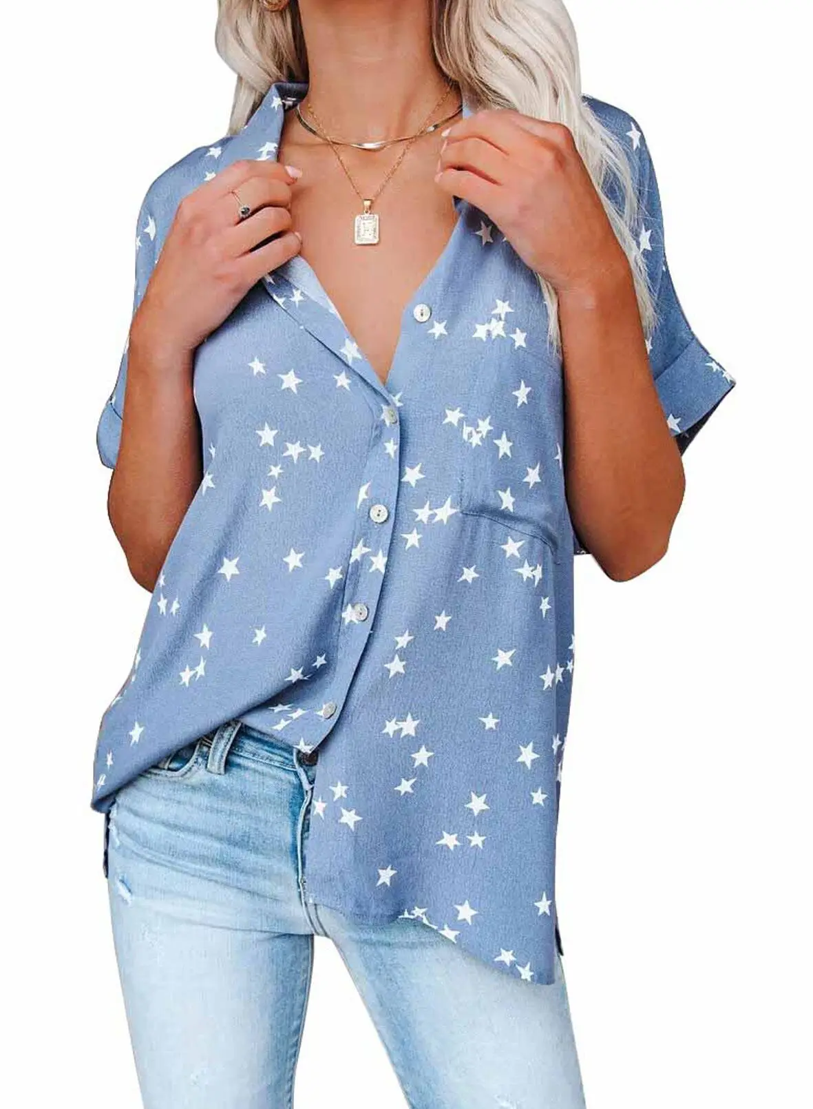 woman's Shirts Superior Quality spring/summer Short Sleeve Single Breasted Stars Print Ladies Tops Shirt Dropshipping WLBR6958