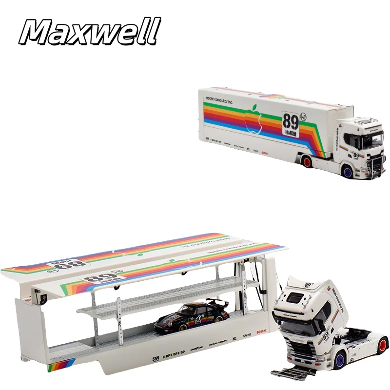 

1:64 White Apple Scania S730 transport vehicle flying wing alloy trailer model, boys' festival gift toy, adult decorative item.