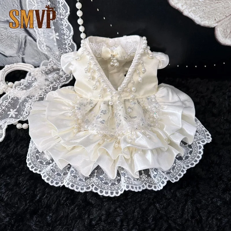 

Luxury Handmade Satin Pet Wedding Dress Exquisite Pearl Beaded Ruffle Lace Formal Gown for Dog Cat Rabbit Birthday Party Outfit