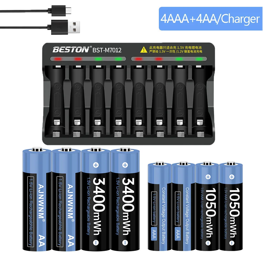 

AJNWNM 1.5V AAA Battery 1050mWh and AA 1.5V Rechargeable Battery 3400mWh with LED Charger for 1.5v Li-ion AAA AA Battery