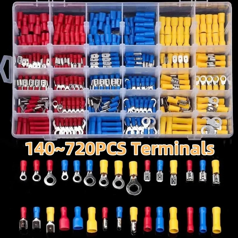 

140~720 PCS Crimp Spade Terminal Assorted Electrical Wire Cable Connector Kit Crimp Spade Insulated Ring Fork Spade Butt Set