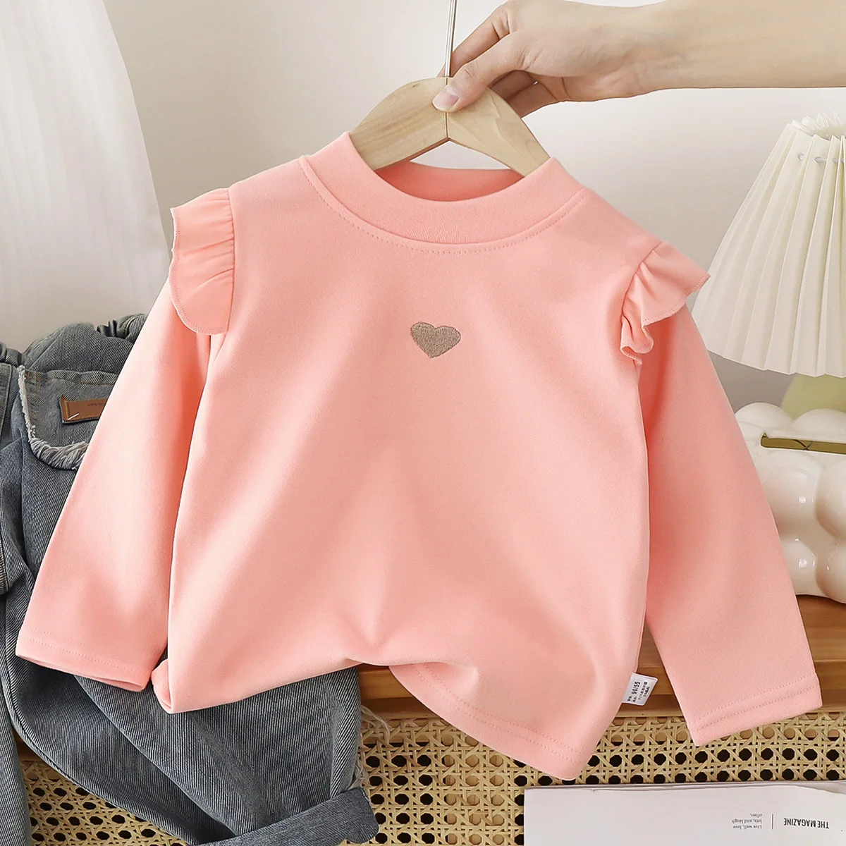 Toddler Baby Girl Long Sleeve Base Shirt Sweet Ruffle Shoulder Heart Tees Warm Dralon Spring Autumn Children Daily Wear Tops