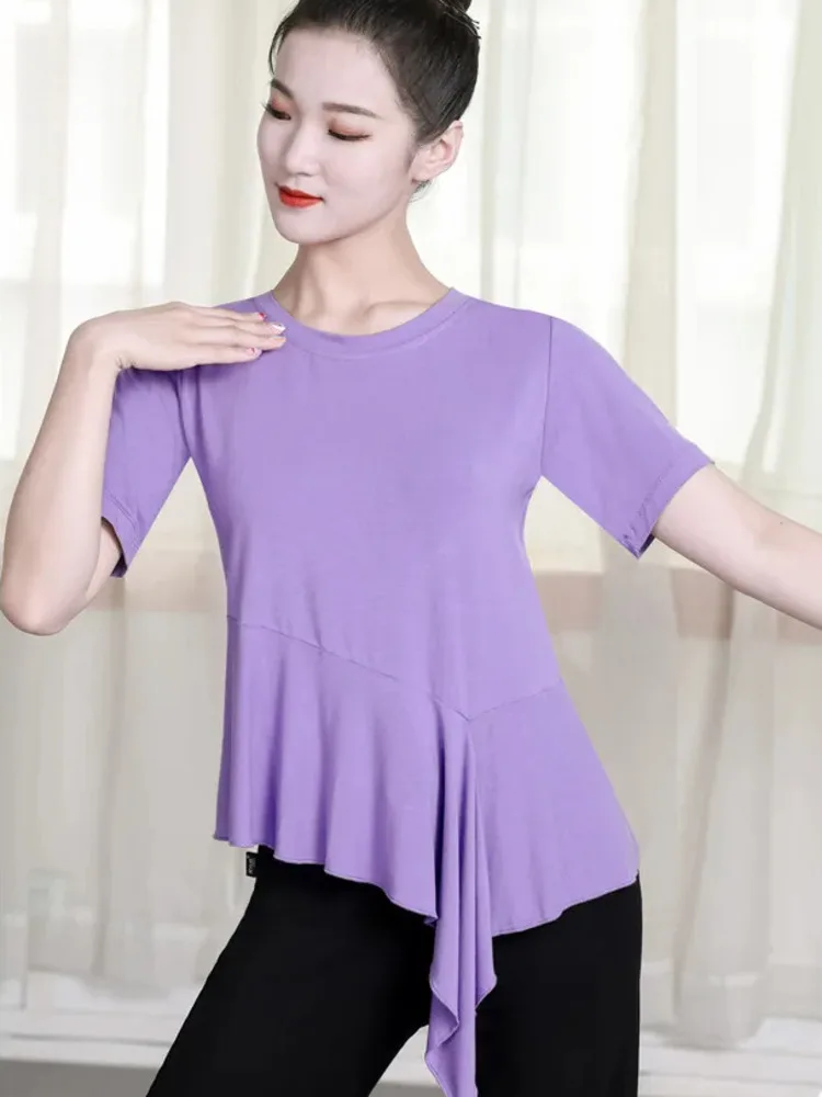 Jednokolorowy asymetryczny top do tańca z falbanką dla kobiet – elegancki kostium sceniczny do występów klasycznych