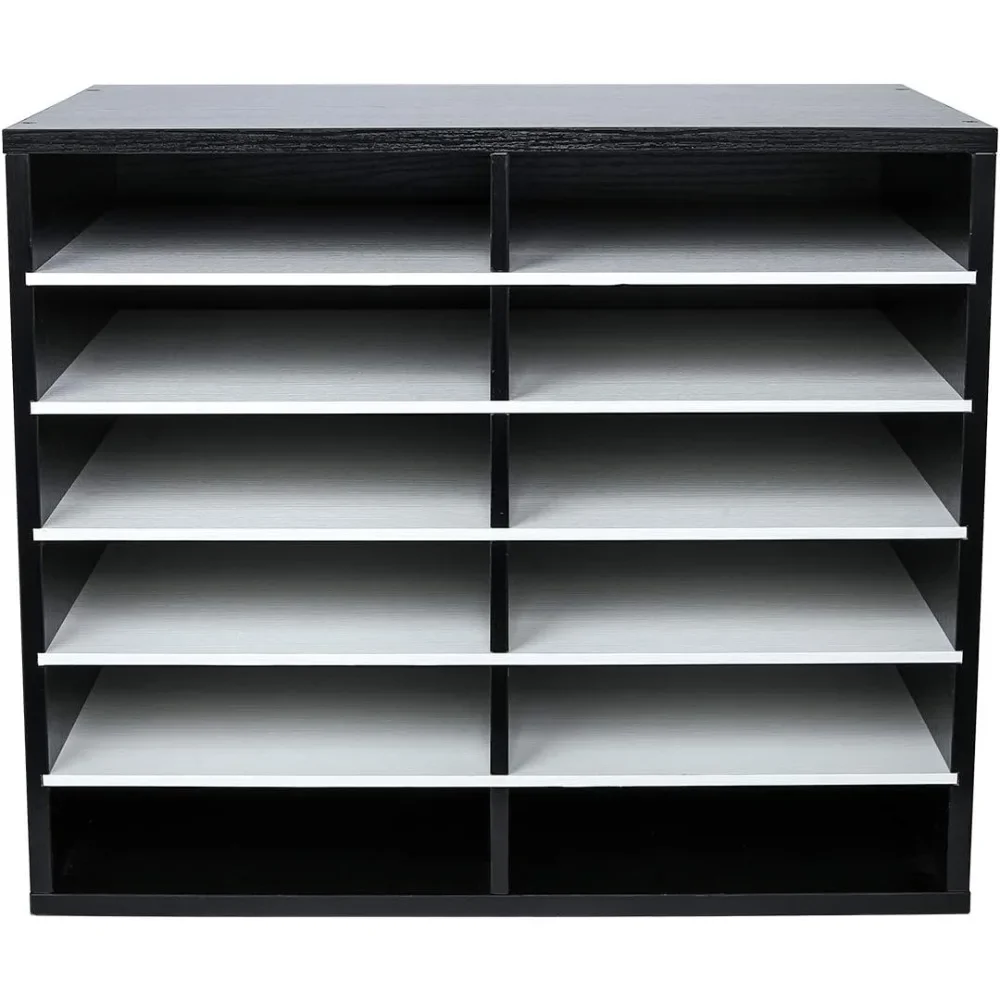 12-Compartment Wooden Paper Organizer with Adjustable Shelves, 6000 Sheets Capacity, Mail Sorter for Office/Classroom, Black/White - view 2