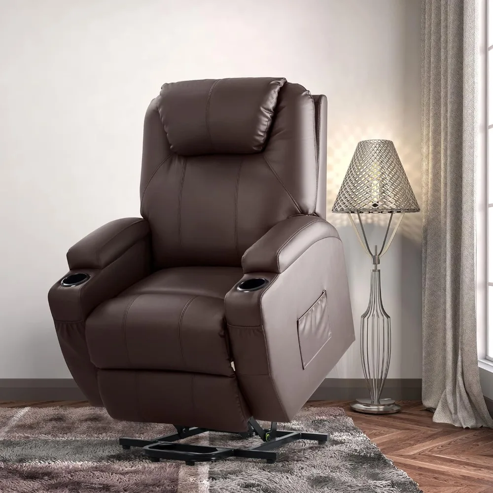 Power Lift Recliner Chair with Massage for Elderly PU Leather Modern Reclining Sofa Chair with Cup Holders, Remote Control