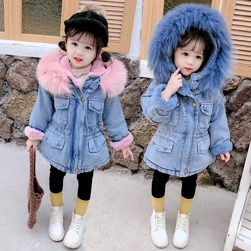 Children's Denim Jacket Winter New Plush and Thick Warm Jacket Baby Hooded Large Fur Collar Denim Casual Korean Cotton Jacket