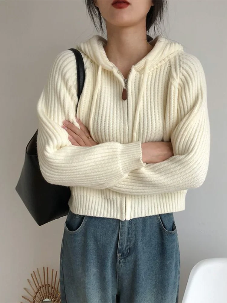 Deeptow Design Fashion Chic Zip Up Cardigan Sweater Korean Casual Striped Hoodie Long Sleeve Zipper Vintage Loose Knitted Coats