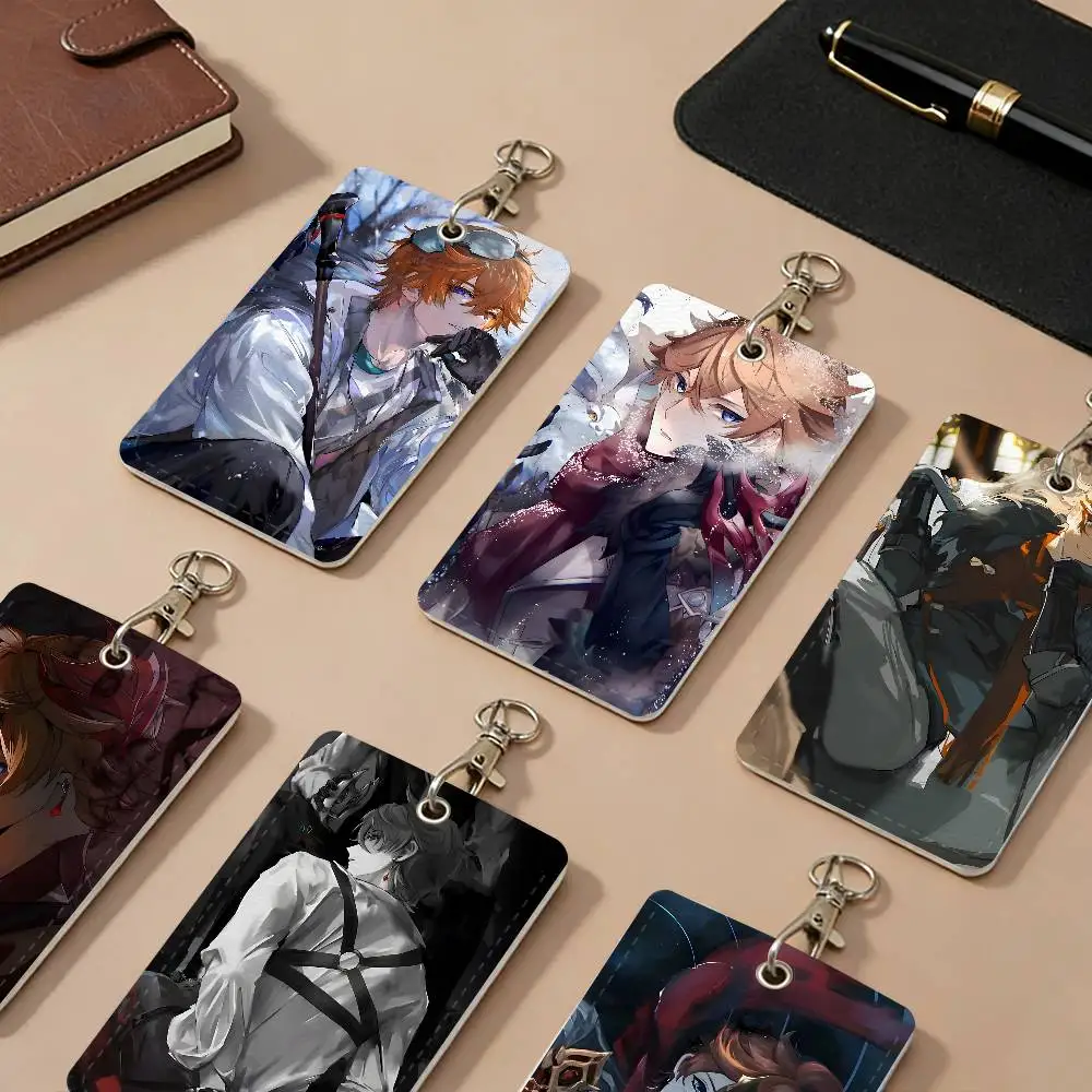 Genshin Game Tartaglia PU Leather Card Holders Anti-lost Student ID Protective Cover Cases Campus Access Cards Key Chain