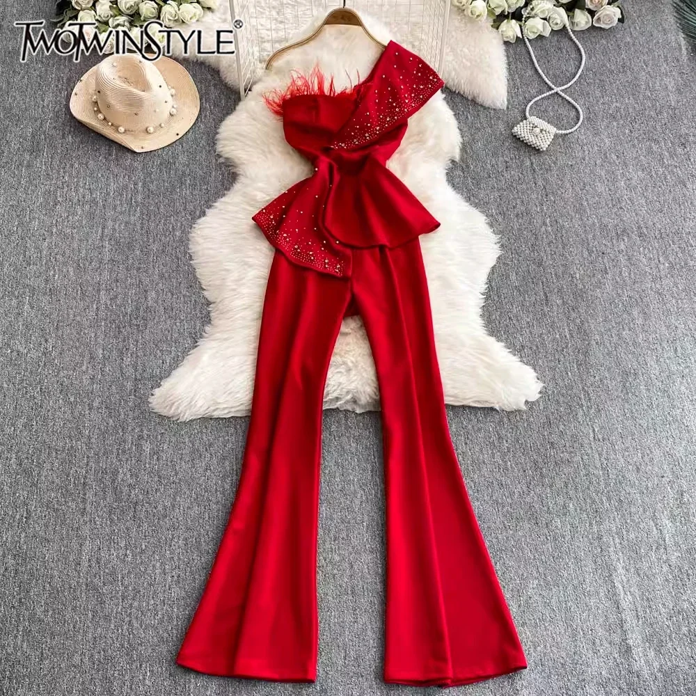 

TWOTWINSTYLE Asymmetrical Chic Jumpsuit For Women Sleeveless High Waist Patchwork Feathers Party Jumpsuit Female New KJU523886