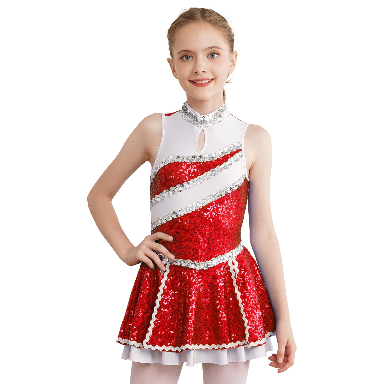 Vestido de baile de uniforme de porristas para niñas, vestido de baile sin mangas, lentejuelas brillantes decoradas, estilo Patchwork, cremallera