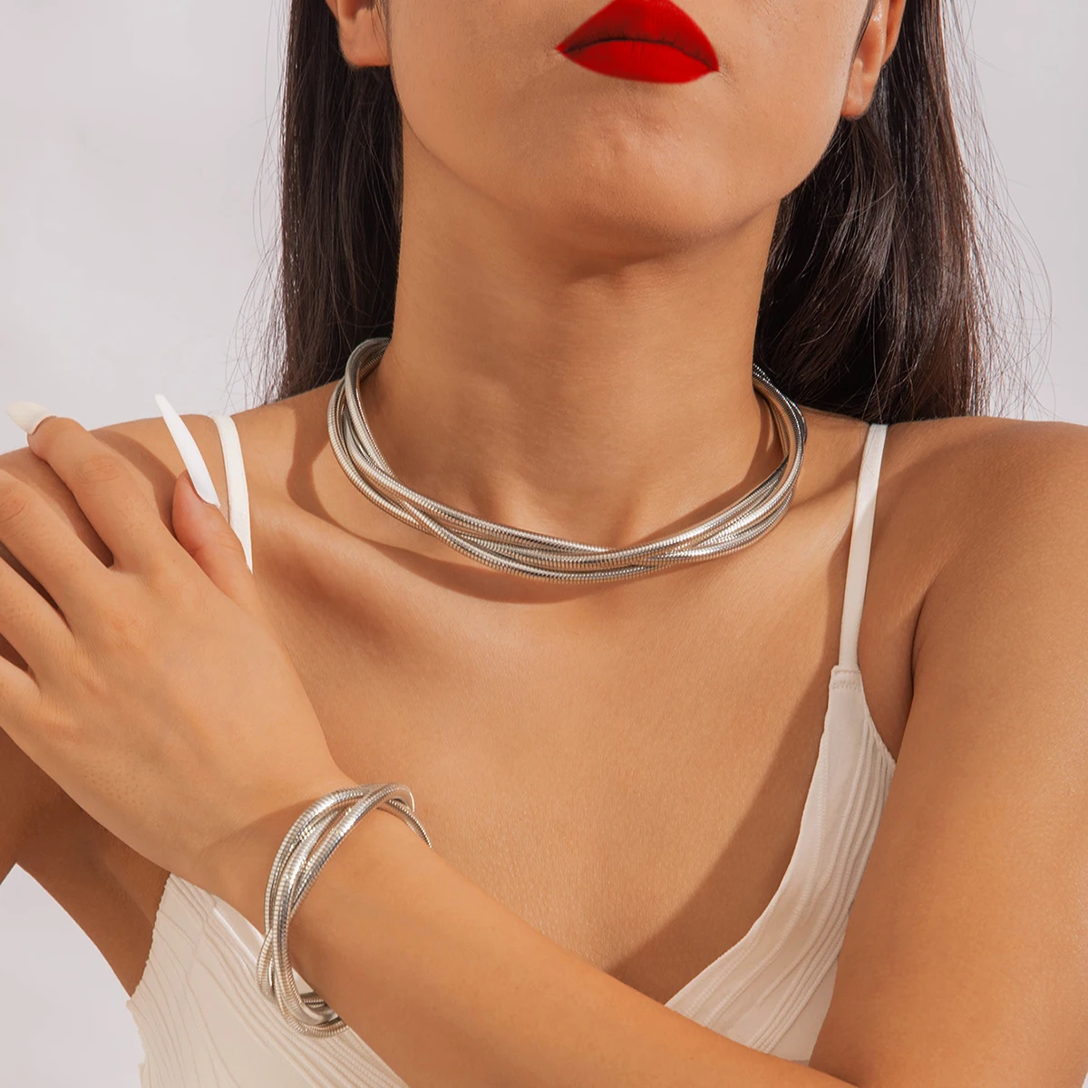 Tocona موضة مبالغ فيها عظم الثعبان عزم الدوران قلادة سوار مجموعة للنساء الشرير الذهب الفضة اللون سلسلة مجوهرات اكسسوارات #4