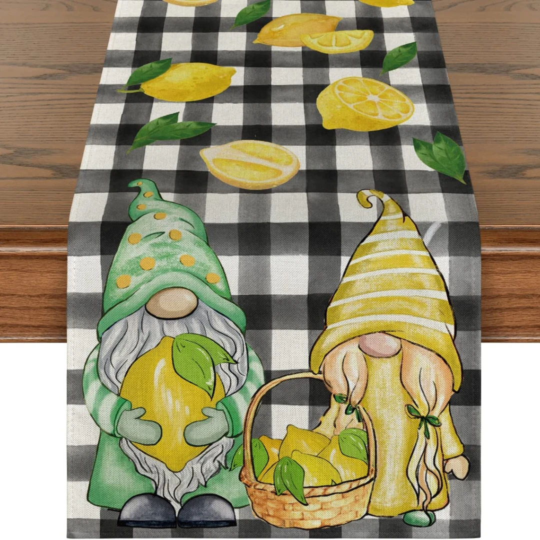 Watercolor Buffalo Plaid Gnome Lemon Linen Table Runner Summer Seasonal Kitchen Dining Table Runner for Party Table Decor