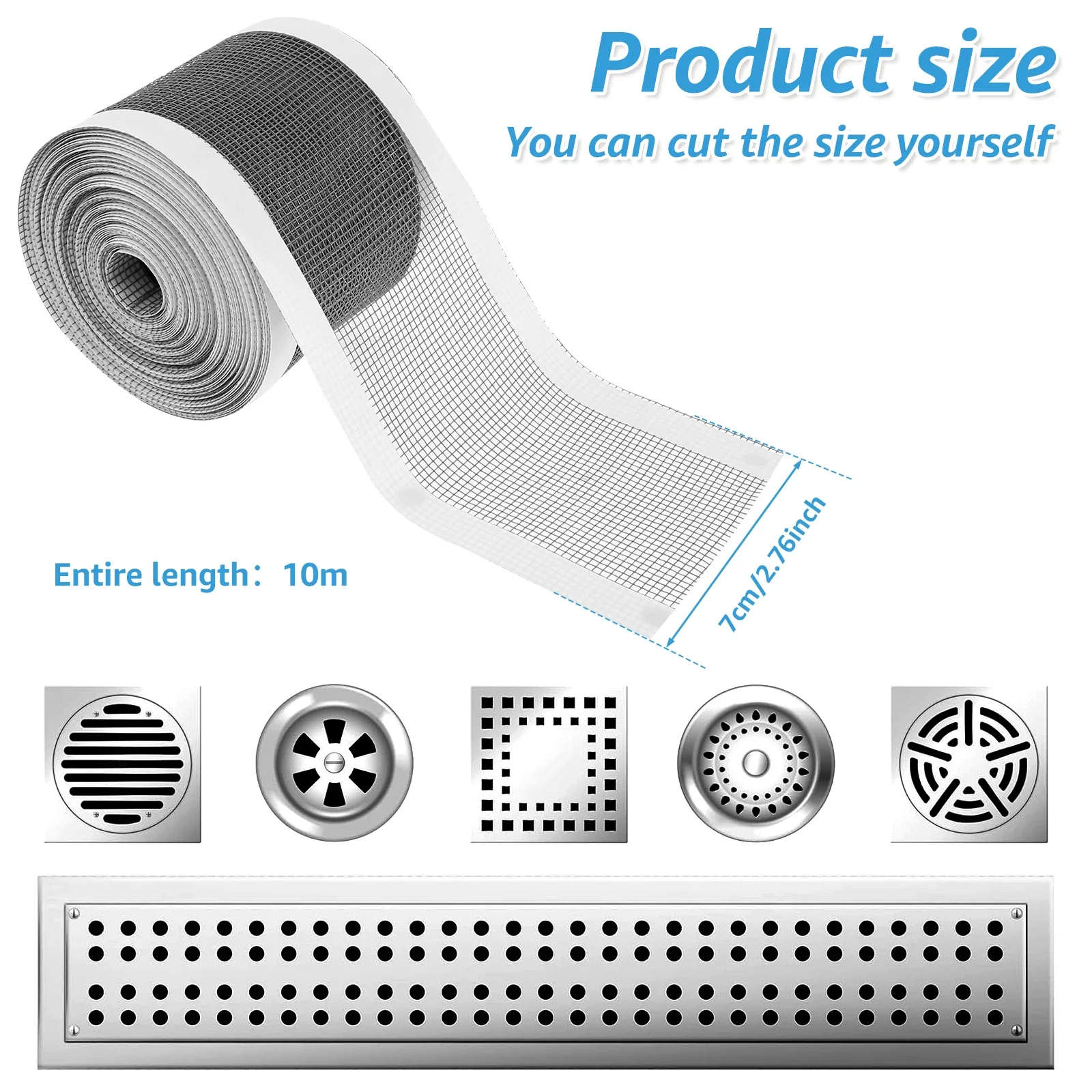 2Pcs Shower Drain Mesh Stickers Self-Adhesive Bathtube Drain Hair Catcher 70mmx10m Cutable Shower Drain Mesh Filter