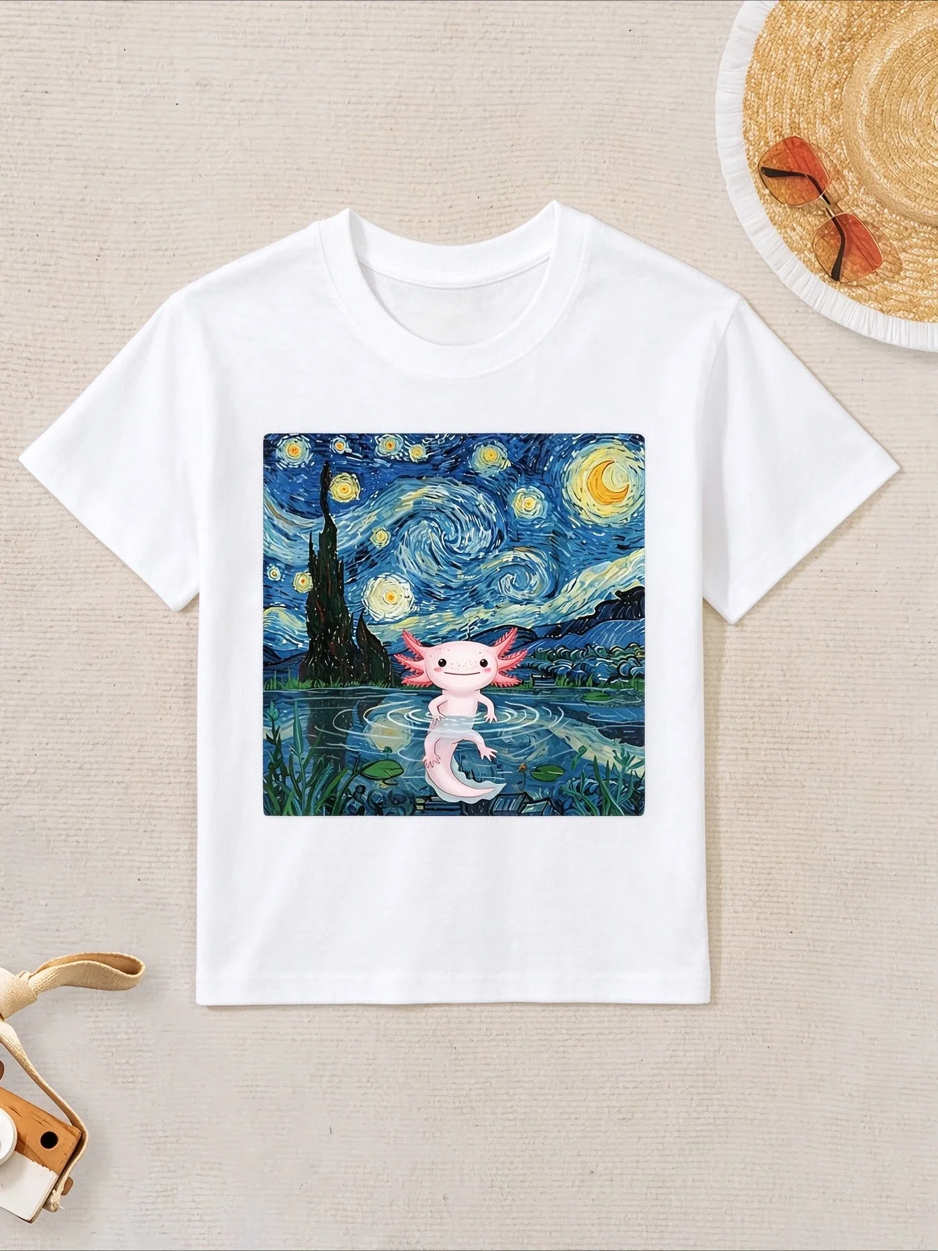 2026 New Cute Axolotl Family Matching Oversized Unisex TShirt Starry Night Cartoon Chest Graphic Tee Casual Streetwear CottonTop