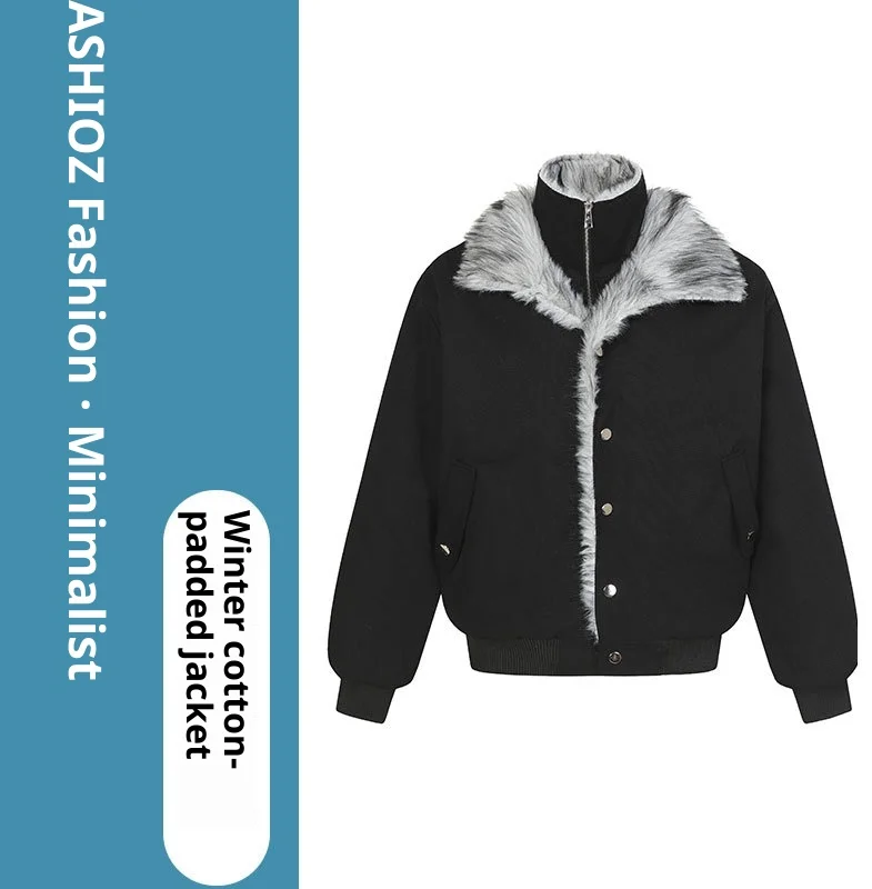 رجل أمريكي خمر الشتاء الصوف مبطن القطن معطف النسر التطريز وهمية قطعتين الفراء طوق سترة سترة #3