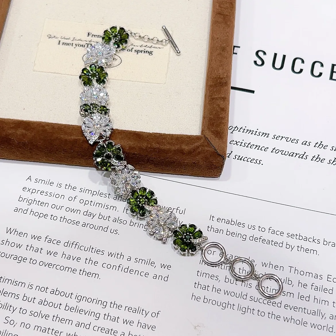 S925 Silver Hand Inlaid Natural Diopside Bracelet White Green Alternate Flower Clover Crystal Daily Ladies Bracelet