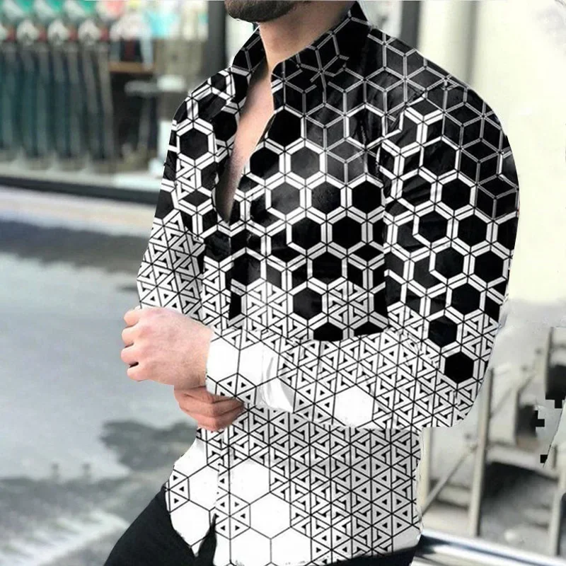 

Men's Versatile Casual Shirt Fashion Street Shirt Single Breasted Lapel Long Sleeve Geometric Simple Pattern