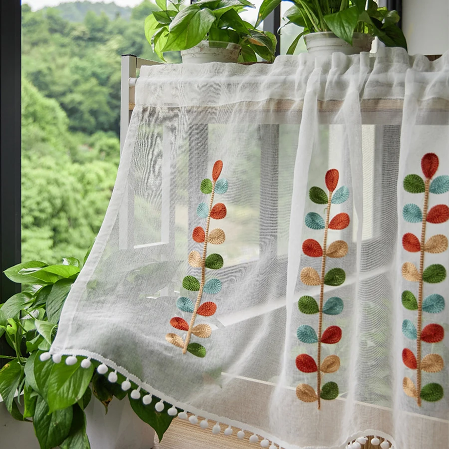 Four color branch Embroidered Semi Sheer Curtain Kitchen Tiers Half Window Sheer Curtains Rod Pocket Voile Drapes for Kitchen Ba