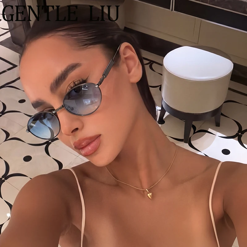 

Y2K Punk Small Oval Sunglasses Women 2026 Luxury Brand Designer Metal Frame Gradient Lens Wavy Temples Outdoor Eyewear Shades