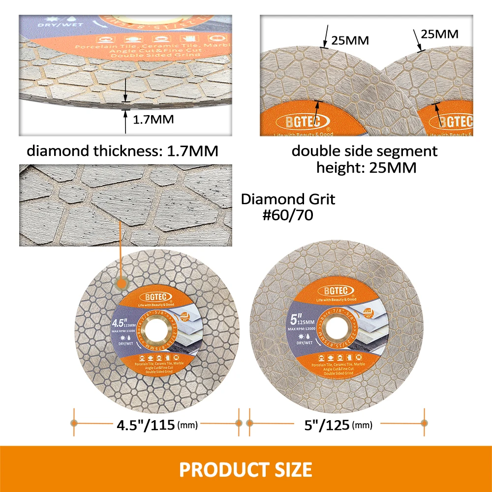 BGTEC-Disque à tronçonner diamant, plaque de meulage, lame de scie double face, coupe triangle, grès, marbre, carrelage, granit, 4.5mm, 115mm,