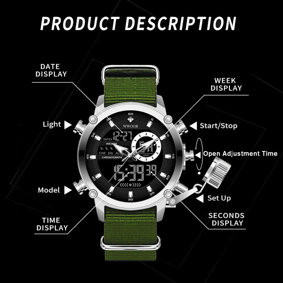 WWOOR New Watches For Men Luxury Black Digital Mens Wristwatch Military Sports Quartz Male Watch Silicone Strap Waterproof Clock