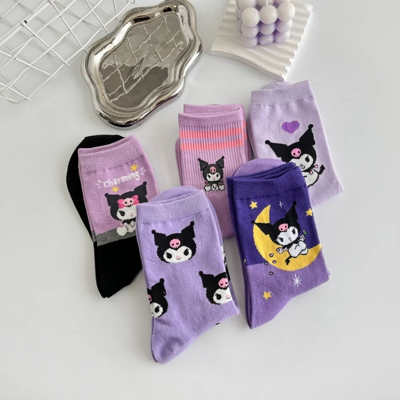 1/5 Pair of Fashionable and High Aesthetic Dreamy Party Sanrio Cute Cartoon Kawaii Purple Kuromi Women's Exquisite Stockings