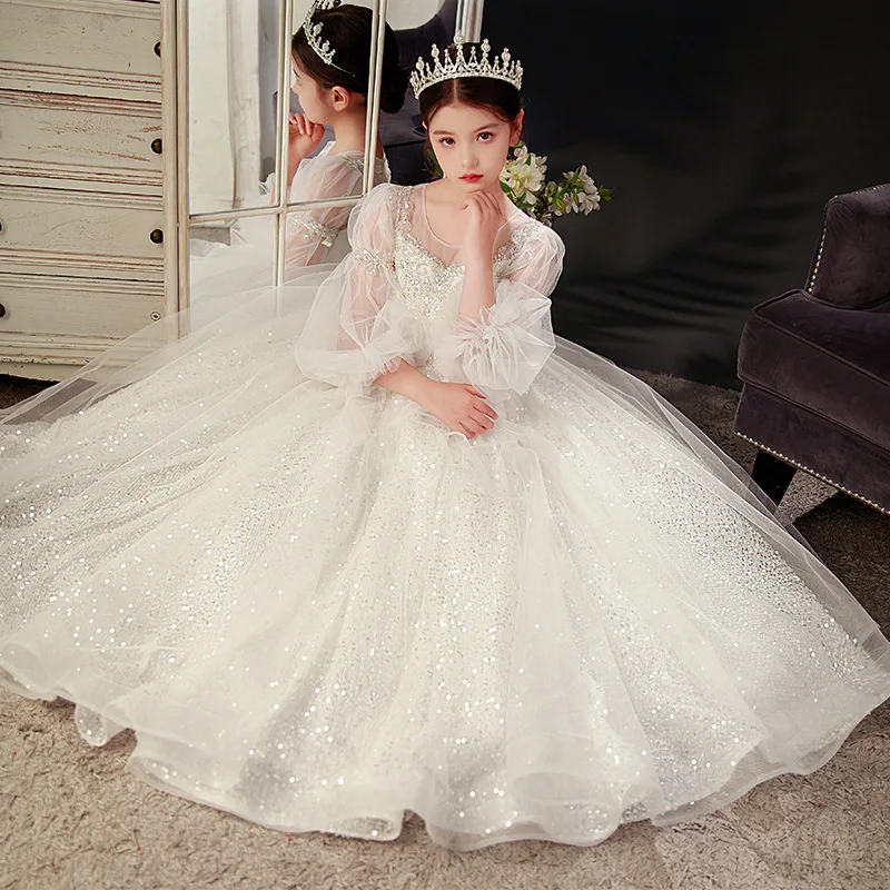 New Year Party Flower Girls Dress for Wedding Evening white Children Princess Pageant Long Gown Kids Dresses for Girls Clothes