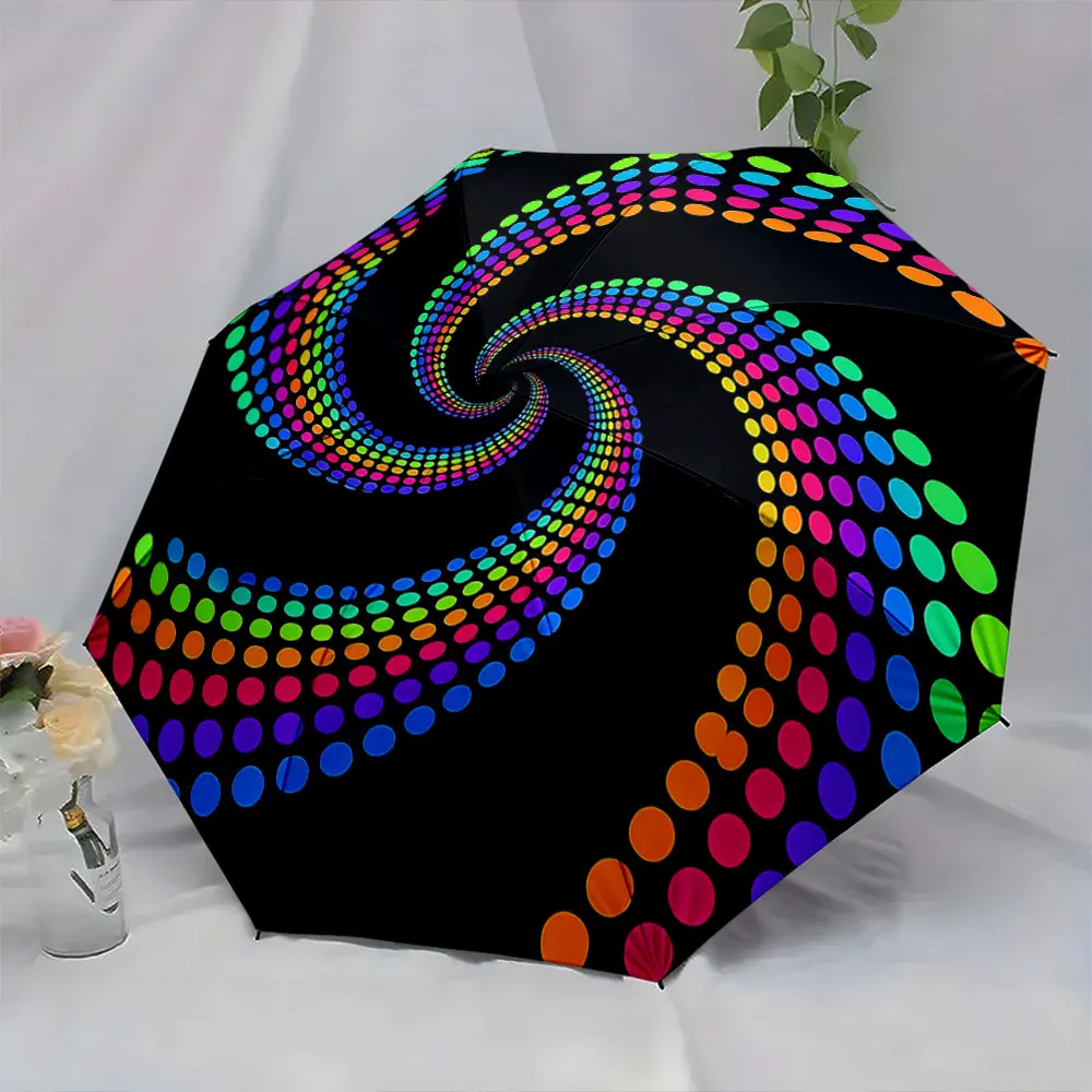1PC Rainbow Dot Spiral on Elegant Black Umbrella Design Print 8 Iron Ribs Folding Umbrella Auto-Open Fashion Sunshade