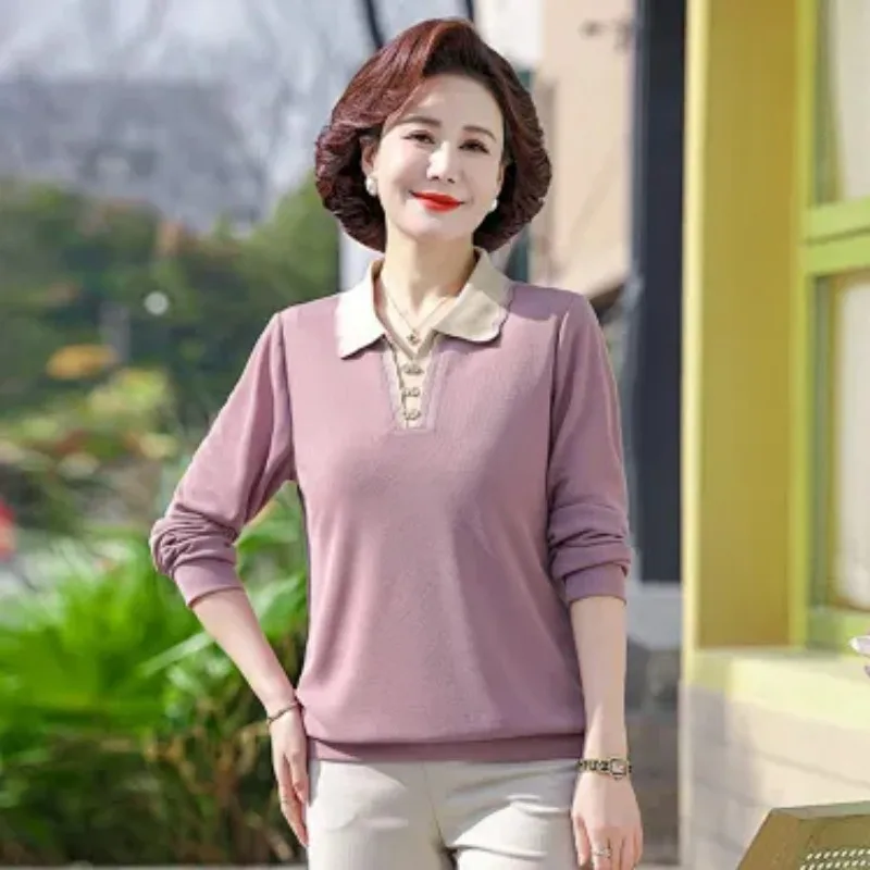 Elegant Moms Lapel Knit Blouse Long Sleeve Top Middle Aged Women Autumn Daily Casual Wear