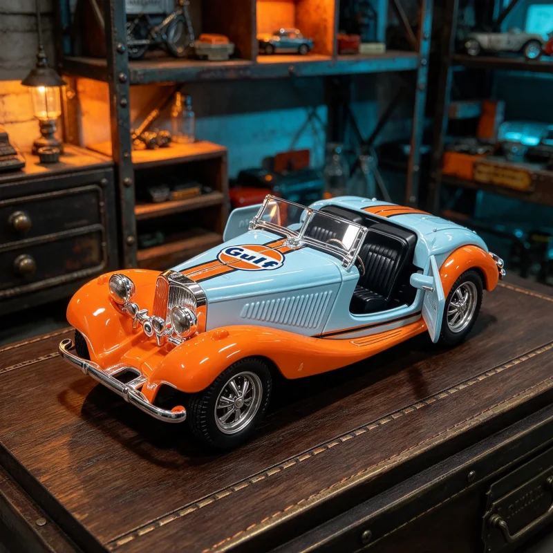 1/36 scale static retro convertible alloy model, featuring a vintage sports car with contrasting racing livery, alloy vehicle co