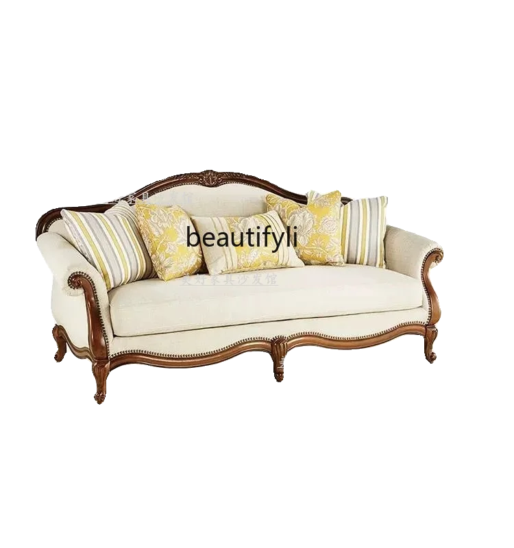 

American-Style Solid Wood Fabric Carved Three-Seat Sofa Simple Single Double Combination Sofa