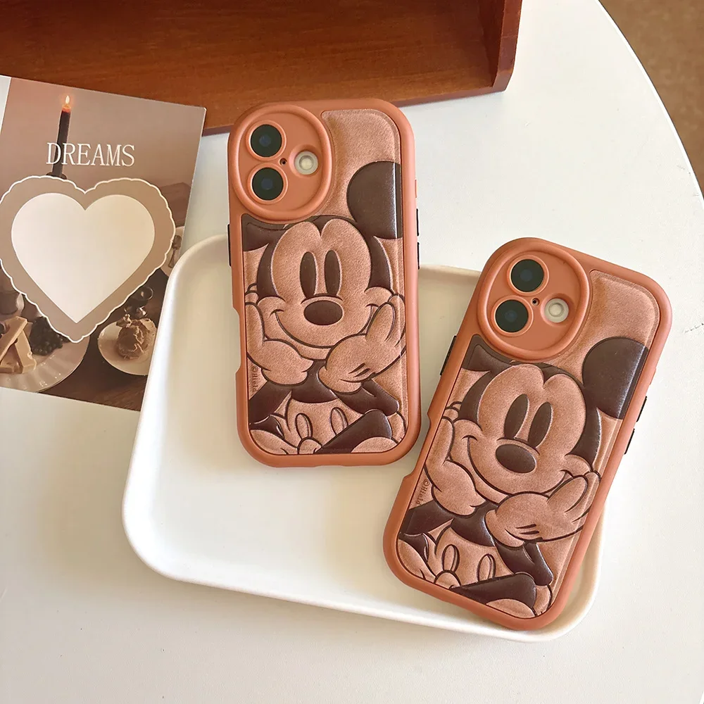 

Luxury Leather Cartoon Disneies Mickey Phone Case for IPhone 16 15 14 13 12 11 Pro Max Anti-drop Soft Back Cover Funda