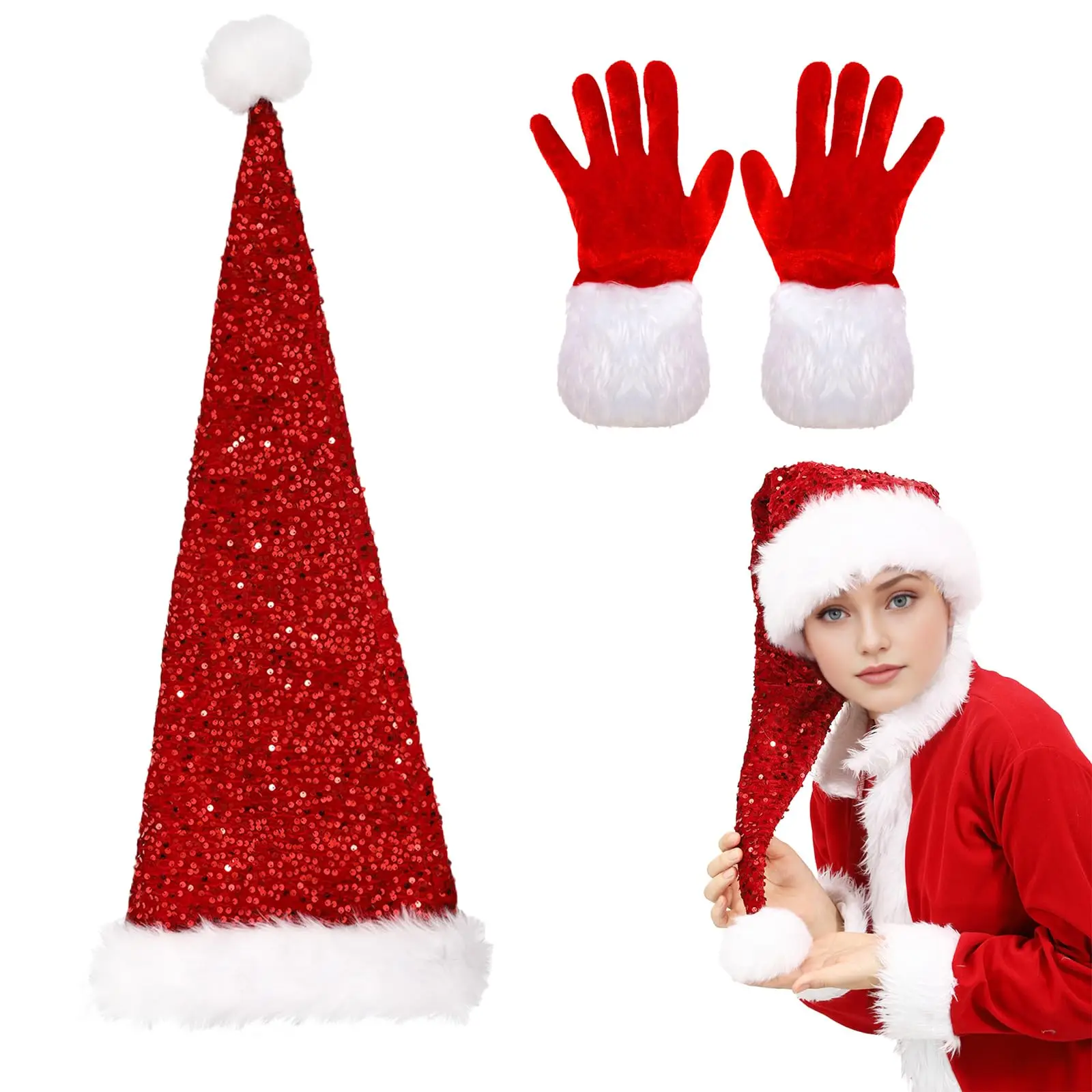 

Длинная рождественская шапка Санта-Клауса с перчатками Шапки Санта-Клауса с дополнительными пайетками и длинным хвостом для взрослых и женщин Необычный реквизит для рождественской вечеринки