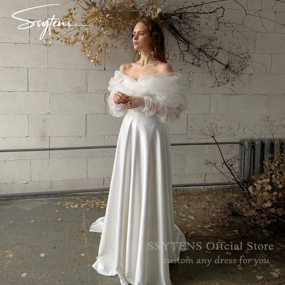 

Elegant Civil Wedding Dress Satin A-Line Bride Dress Vestidos De Novia Tulle Off the Shoulder Pleats Long Sleeves Bridal Gowns