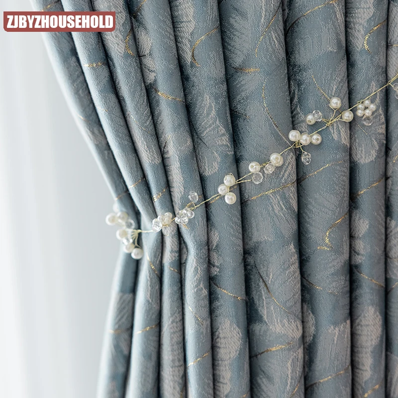 

New Pastoral Jacquard Curtains for Living Room Bedroom Custom Blue American Simple Fashion Floor-to-ceiling window Gilded Leaves