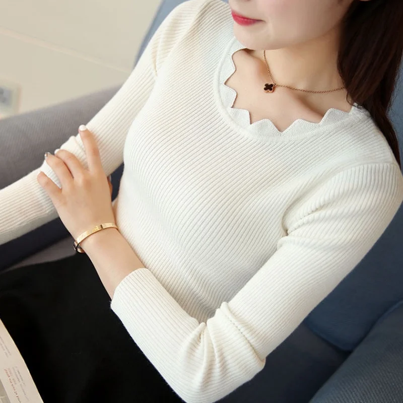 Casual Solid Sweater Women Knitted Slim White Pullover Long Sleeve Tops 2024 Autumn Winter Butterfly Neck Jumper Female 7167 50