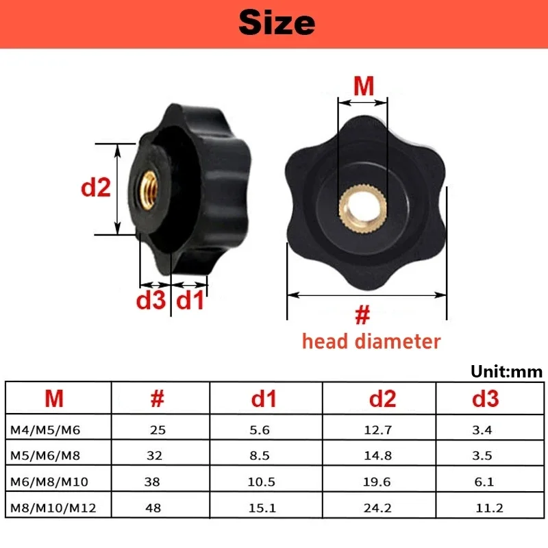 2-10pcs Thumb Knob Nut M4 M5 M6 M8 M10 M12 Black White Clamping Handle Plum Thread Hand Mechanical Manual Tighten Star Nuts