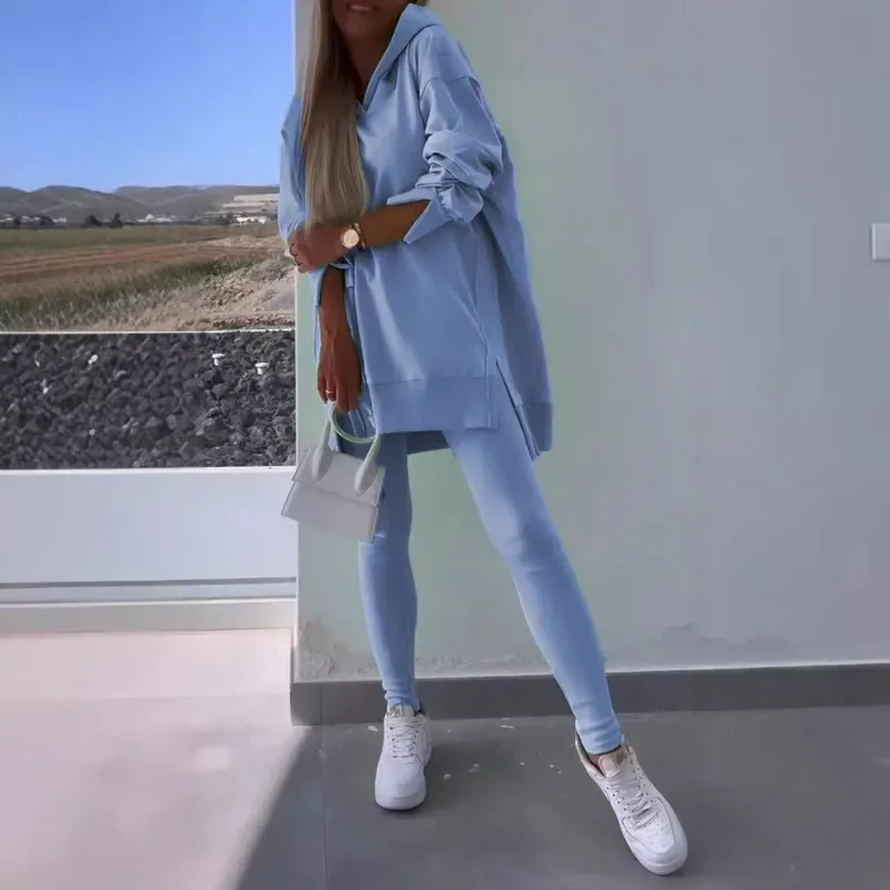 

Women's Athleisure Slit Hooded Sweatshirt Top Leggings Two-piece Set Pant
