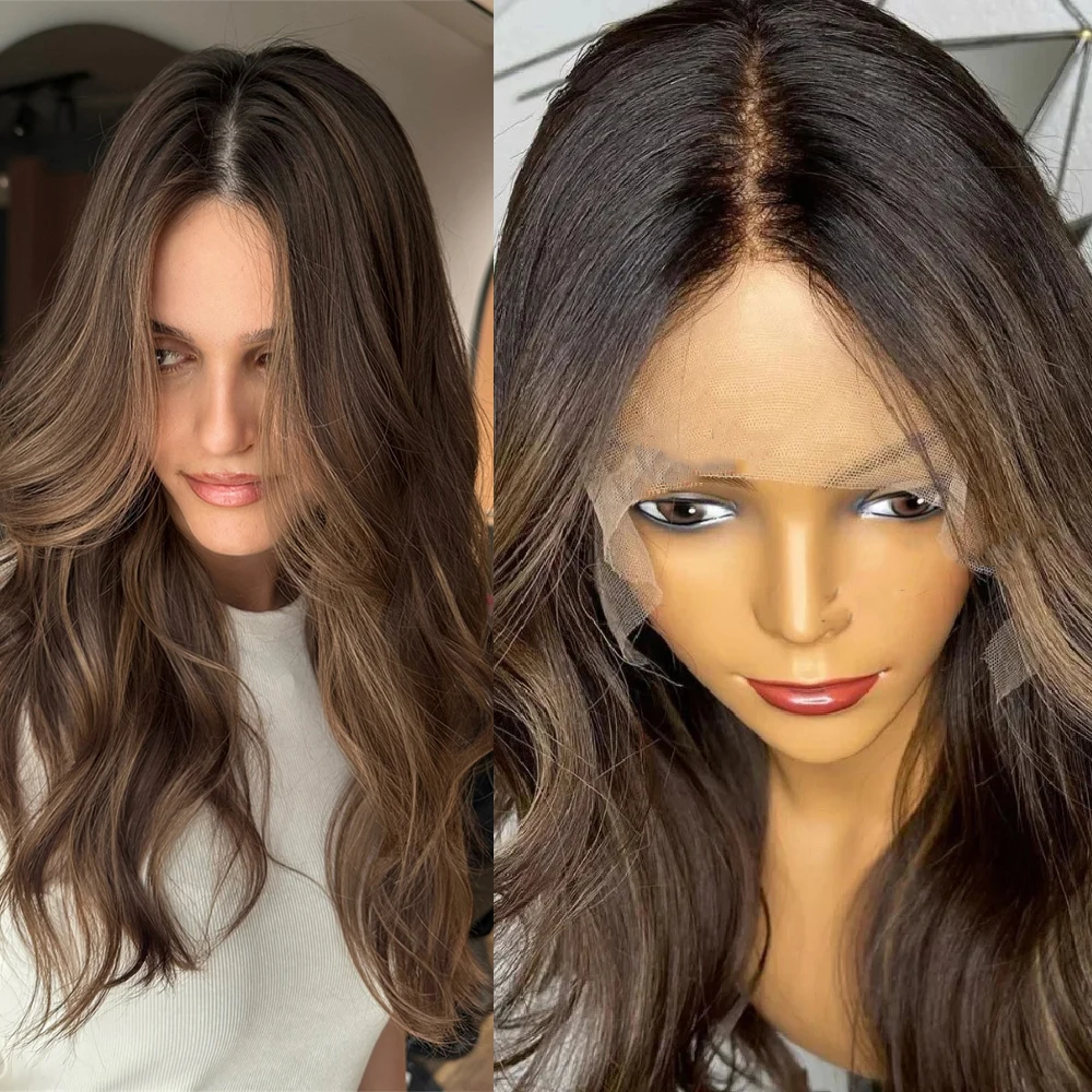 

100% Virgin Human Hair Chocolate Brown Highlights Loose Wave Wig Dark Brunette Natural Lace Front Wigs for Women HD Lace Wig